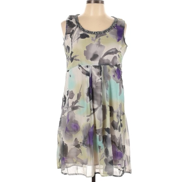 Coldwater Creek Semi Sheer Floral Sleeveless Mini Dress Beaded Scoop Collar W22 - Picture 1 of 13